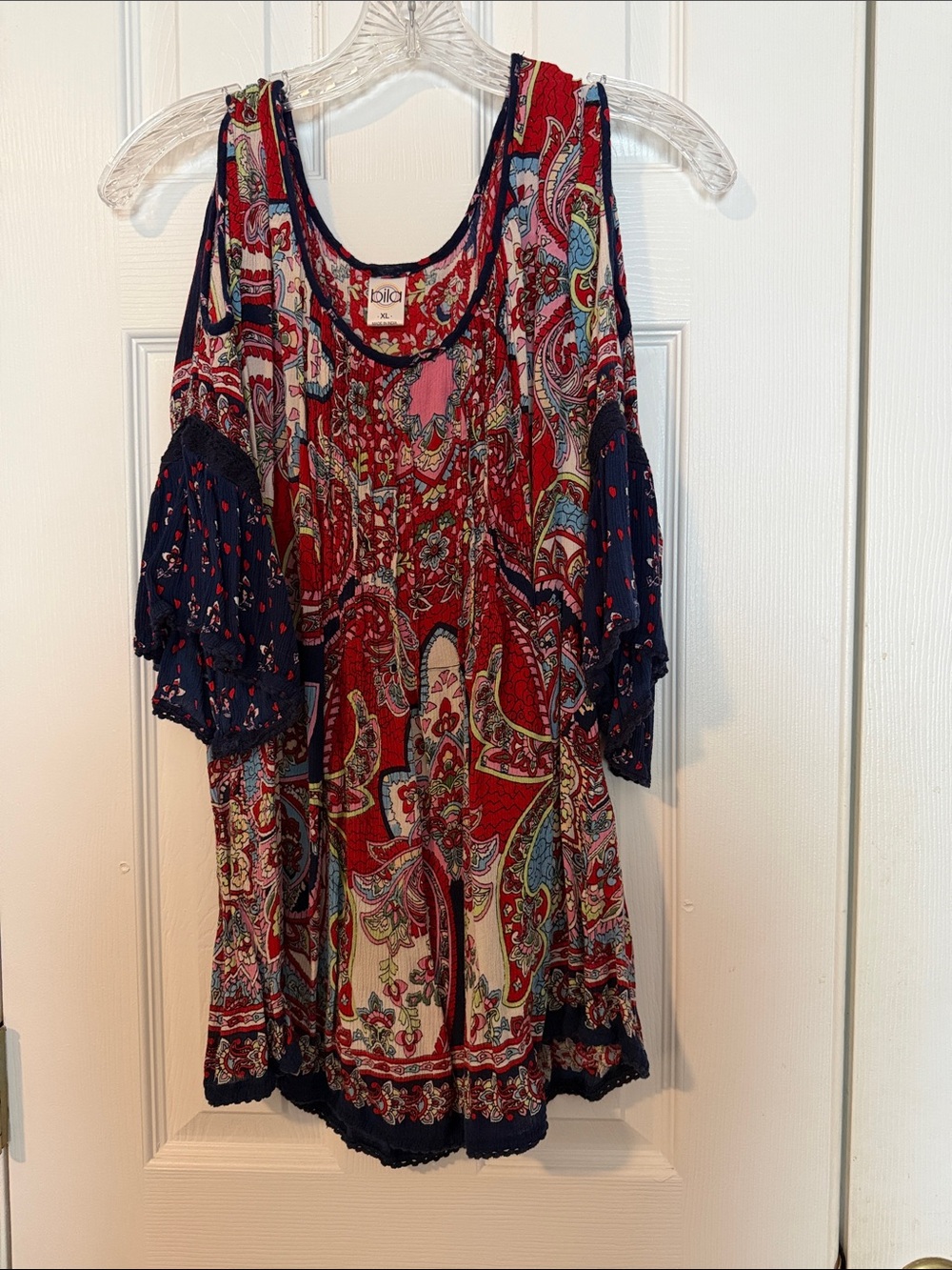 Bila Red and Navy Paisley Cold-Shoulder Tunic